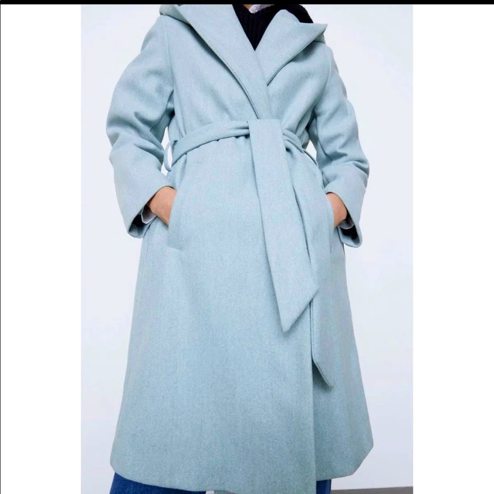 Zara Blue Belted coat with hood
